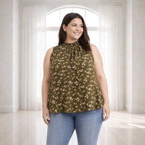 A New Day XXL Floral Smocked Ruffle High-Neck Rayon Tank / Blouse